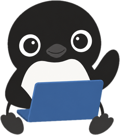 ノートパソコンの前で手を振るアデリーペンギンのキャラクター「アデリー三田」