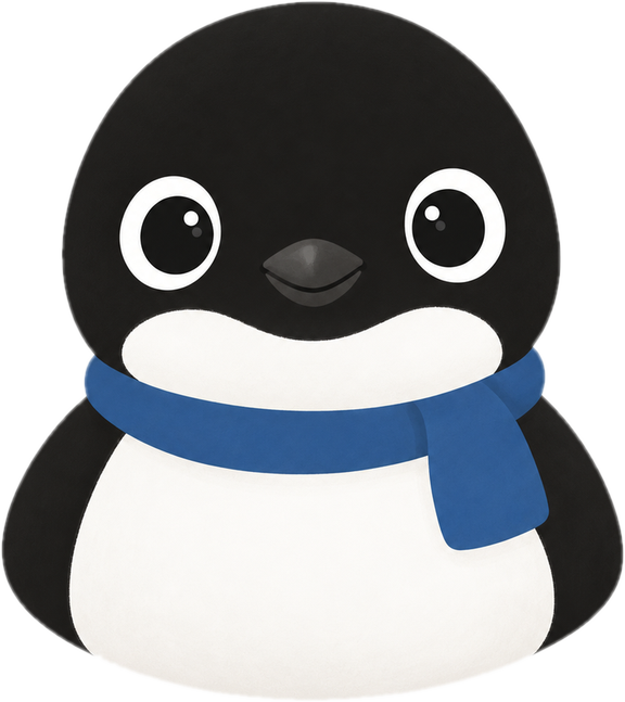 マフラーを巻いたアデリーペンギンのキャラクター